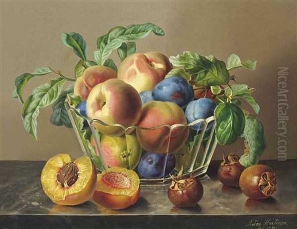 Peaches, Plums And Apples In A Glass Bowl By Peaches On A Marble Ledge Oil Painting by Anton Hartinger