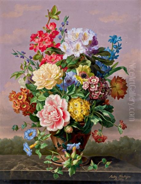 Groses Blumenstuck Mit Rosen, Tulpen, Schlusselblumen, Hyazinthe, Iris Und Wicken Oil Painting by Anton Hartinger