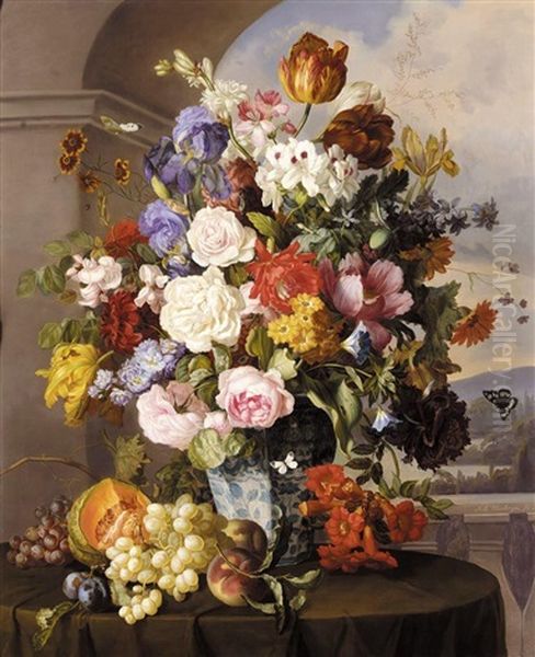 Rosen Und Tulpen In Blau-weisser Vase (roses, Tulips And Other Flowers In A Blue And White Vase) Oil Painting by Anton Hartinger