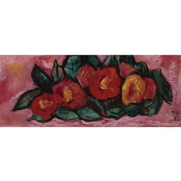 Red Flowers On Pink Ground Oil Painting by Marsden Hartley