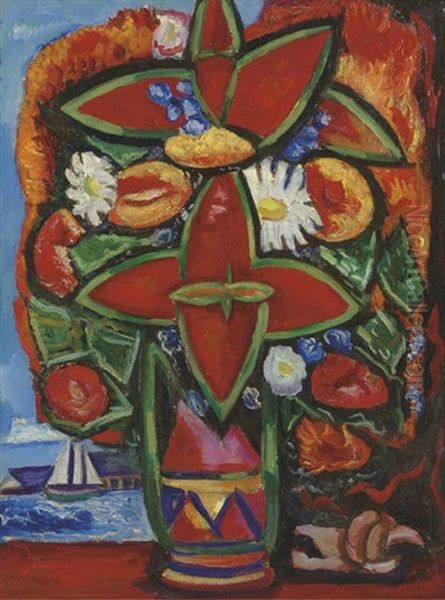 Red Flowers And Sailboat Oil Painting by Marsden Hartley