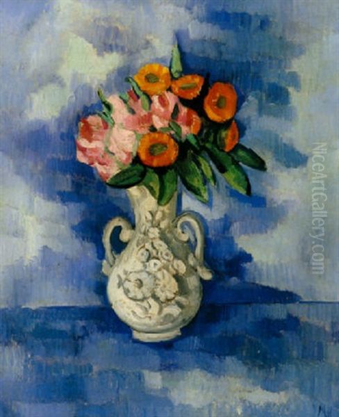 Still Life Pink And White Flowers In A White Jug Oil Painting by Marsden Hartley