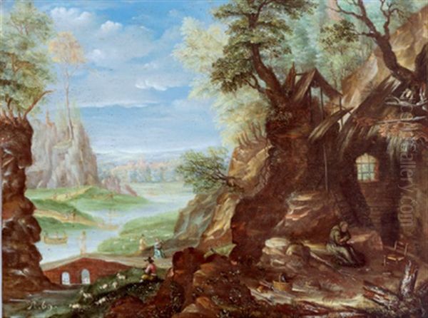 Gebirgige Flusslandschaft Mit Einem Einsiedler Und Einem Ziegenhirten Oil Painting by Franz Hartmann