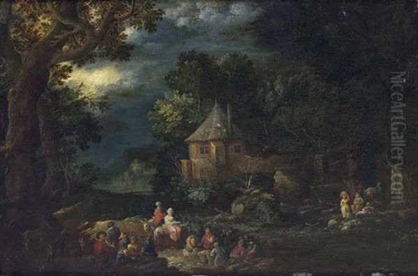 A Wooded River Landscape With Travelers On A Path, A Town Beyond Oil Painting by Johann Joseph Hartmann