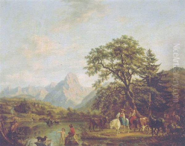 A Shepherdess On A Pony Watching Cattle, Sheep And Goats With Travellers And Bathers Nearby In An Alpine Landscape In Summer Oil Painting by Johann Joseph Hartmann