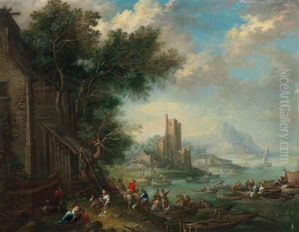 View Of A Port With Figures Oil Painting by Johannes Jakob Hartmann