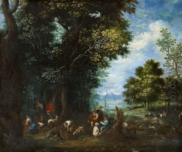 Waldlandschaft Mit Rastender Jagdgesellschaft Oil Painting by Johannes Jakob Hartmann