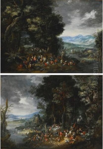 Landscape With The Conversion Of St. Paul; Landscape With St. John The Baptist Preaching (2 Works) Oil Painting by Johannes Jakob Hartmann