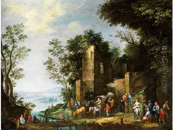 Landschaft Mit Burgruine Unter Baumen Und Reicher Figurenstaffage Oil Painting by Johannes Jakob Hartmann