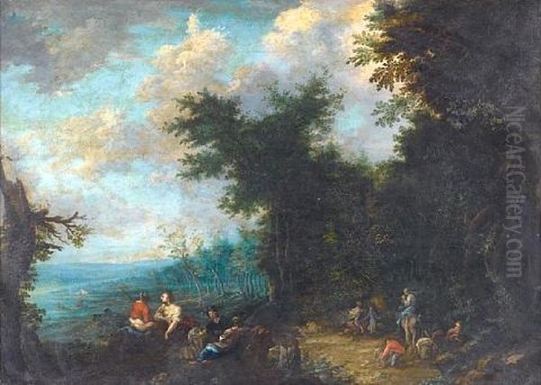 Travellers In An Extensive Wooded River Landscape (+ Fishermen Returning To The Village Before A Coastal Landscape; Pair) Oil Painting by Johannes Jakob Hartmann