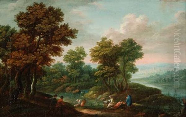 Weite Landschaft Mit Wascherinnen Am Fluss Oil Painting by Johannes Jakob Hartmann