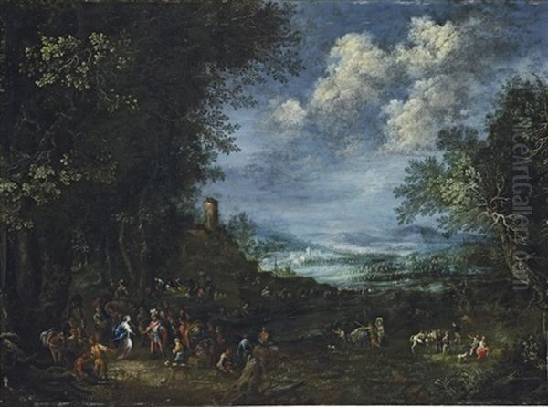 An Extensive, Wooded River Landscape, With David And Abigail Oil Painting by Johannes Jakob Hartmann