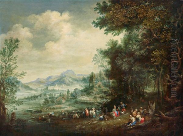 Bewaldete Flusslandschaft Mit Lagernden Personen Am Rechten Ufer Oil Painting by Johannes Jakob Hartmann