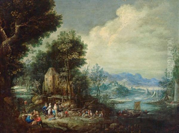 Weite Flusslandschaft Mit Reicher Figurenstaffage Oil Painting by Johannes Jakob Hartmann