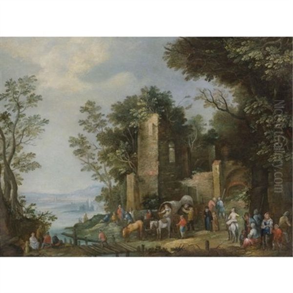 A River Landscape With Travellers Crossing A Bridge In Front Of A Ruined Castle Oil Painting by Johannes Jakob Hartmann