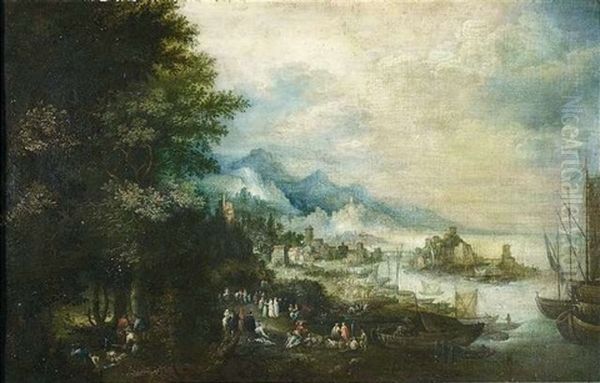 Bewaldete Flusslandschaft Mit Figurenstaffage Oil Painting by Johannes Jakob Hartmann