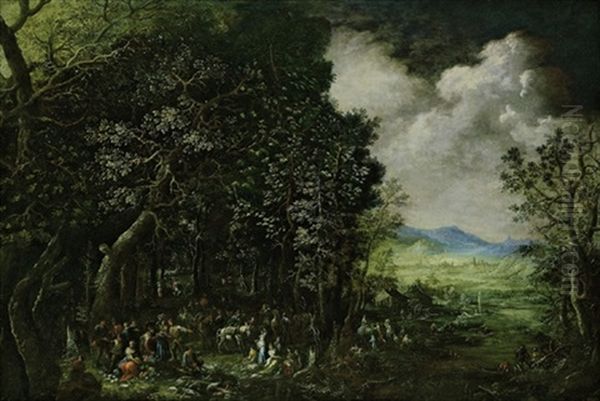 Grose, Bewaldete Flusslandschaft Mit Vielen Figuren, Im Hintergrund Eine Stadt: Allegorie Der Erde Und Des Wassers Oil Painting by Johannes Jakob Hartmann