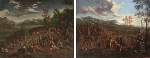 Saint John The Baptist Preaching To The Multitude (+ The Processon Of The Ark Of The Covenant Before Jerusalem; Pair) Oil Painting by Johannes Jakob Hartmann