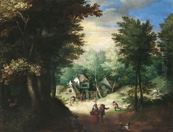 Bauerkaten Auf Einer Lichtung, Davor Landsleute Bei Der Verrichtung Des Tagewerks Oil Painting by Johannes Jakob Hartmann