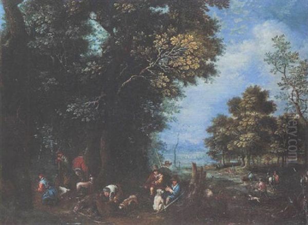 Waldlandschaft Mit Rastender Jagdgesellschaft by Johannes Jakob Hartmann