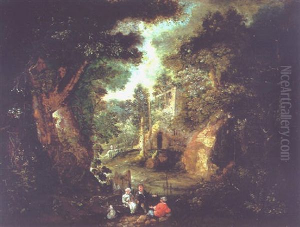 A Wooded River Landscape With Travellers Resting On A Path, Ruins Beyond Oil Painting by Johannes Jakob Hartmann