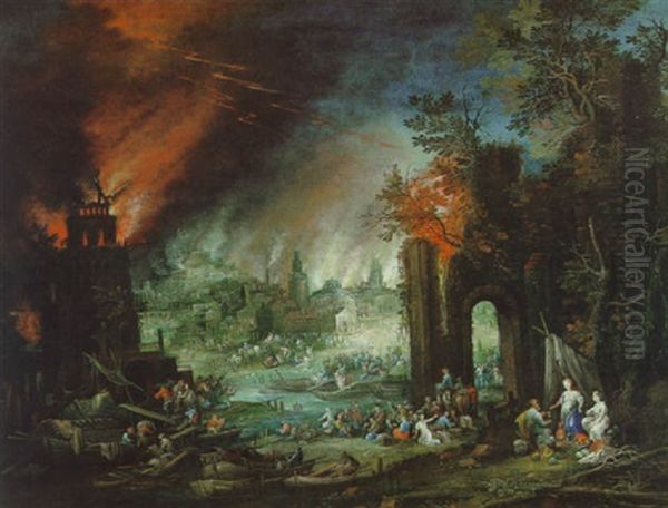 Landschaft Mit Lot Und Seinen Tochtern, Im Hintergrund Das Brennende Sodom, Allegorie Des Feuers Oil Painting by Johannes Jakob Hartmann