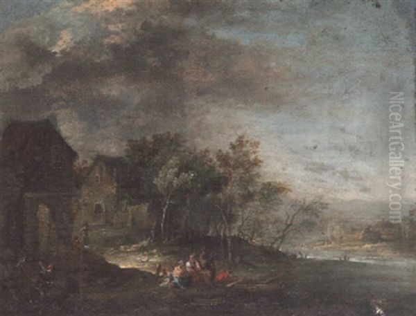 Peasants Conversing On A River Bank Outside A Village Oil Painting by Johannes Jakob Hartmann