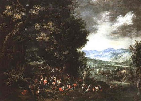 St. John The Baptist Preaching In A Wooded Landscape, An Extensive River Valley Beyond Oil Painting by Johannes Jakob Hartmann