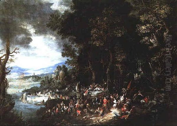 The Conversion Of St. Paul In A Wooded Landscape, An Extensive River Valley Beyond Oil Painting by Johannes Jakob Hartmann