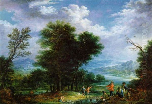 Flusslandschaft Mit Rastenden Und Einer Waescherin Oil Painting by Johannes Jakob Hartmann