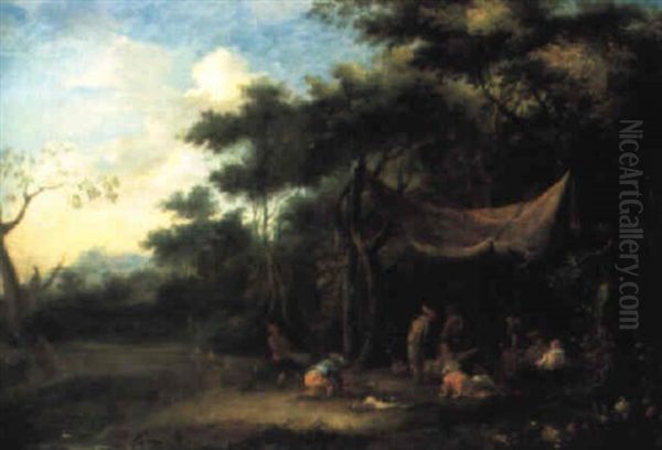 A Wooded Landscape With Elegant Company Merrymaking In A Clearing Oil Painting by Johannes Jakob Hartmann