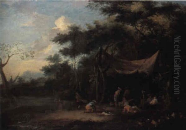 A Wooded Landscape With Elegant Company Merrymaking In A Clearing Oil Painting by Johannes Jakob Hartmann