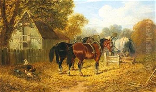 At The Farm, Horses And Chickens Oil Painting by Ludwig Hartmann