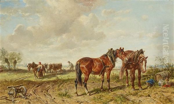 Resting Horses Oil Painting by Ludwig Hartmann