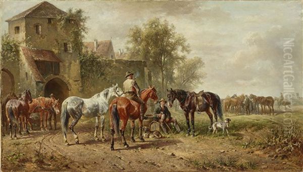 Horse Fair In Front Of The City Oil Painting by Ludwig Hartmann