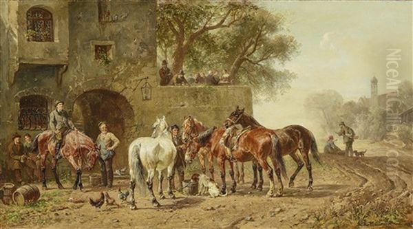 Horses Drinking In Front Of A Rest House Oil Painting by Ludwig Hartmann