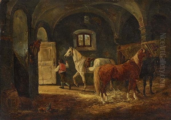 Stable Scene Oil Painting by Ludwig Hartmann