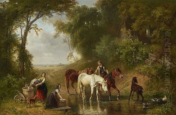 Bauer Mit Pferden Am Waldteich Oil Painting by Ludwig Hartmann