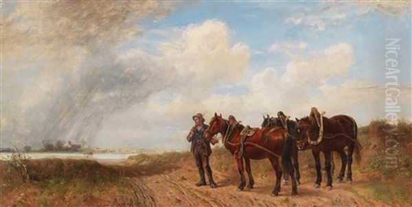 Towing Horses On The Riverbank Oil Painting by Ludwig Hartmann