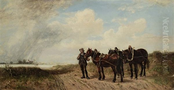 Rastender Treidler Mit Drei Pferden Am Flussufer Oil Painting by Ludwig Hartmann