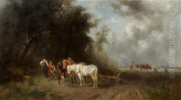 Pause During Plowing, 1869 Oil Painting by Ludwig Hartmann