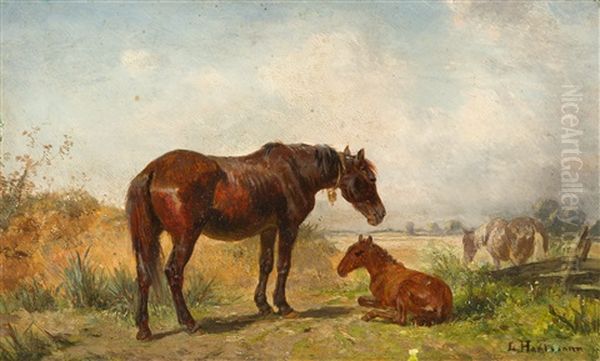 Stute Mit Ihrem Fohlen Auf Der Weide Oil Painting by Ludwig Hartmann