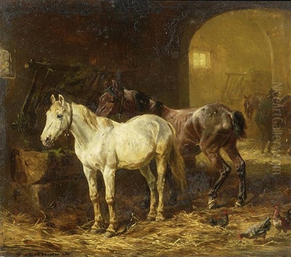 Pferde Im Stall Oil Painting by Ludwig Hartmann