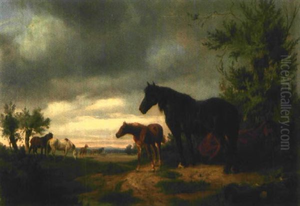 Pferde Auf Der Weide Oil Painting by Ludwig Hartmann