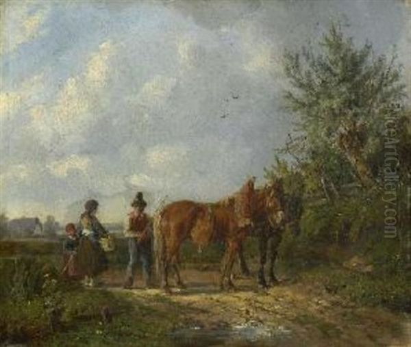 Bauernfamilie Mit Zwei Pferden Auf Dem Feldweg by Ludwig Hartmann