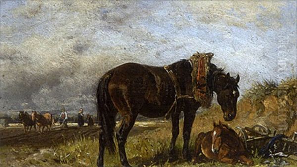 Stute Mit Fohlen Am Feldrand Oil Painting by Ludwig Hartmann