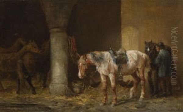 Bauer Mit Pferden Im Stall Oil Painting by Ludwig Hartmann