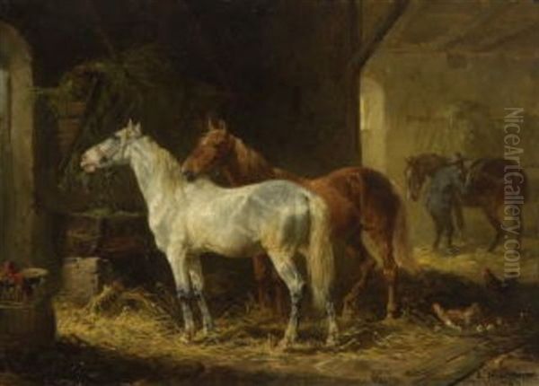 Pferde Im Stall Oil Painting by Ludwig Hartmann