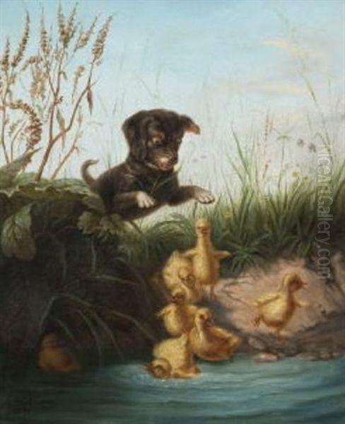 Junger Hund Mit Kuken Am Ufer Oil Painting by Ludwig Hartmann