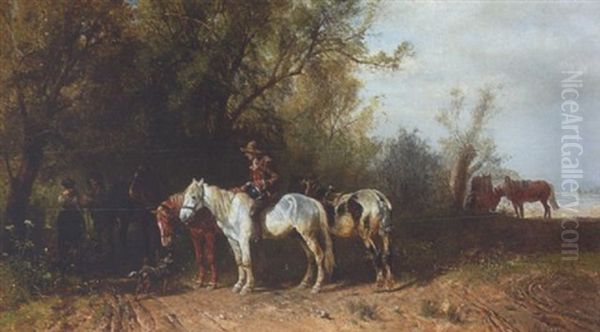 Bauern Mit Pferden Am Waldrand Oil Painting by Ludwig Hartmann